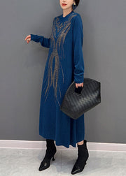 Brief Navy O Neck Zircon Exra Large Hem Knit Long Dress Winter