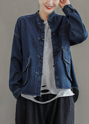 Brief Navy Stand Collar Button Pockets Cotton Denim Coats Long Sleeve