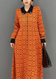 Brief Orange Peter Pan Collar Print Knit Shirt Dress Winter