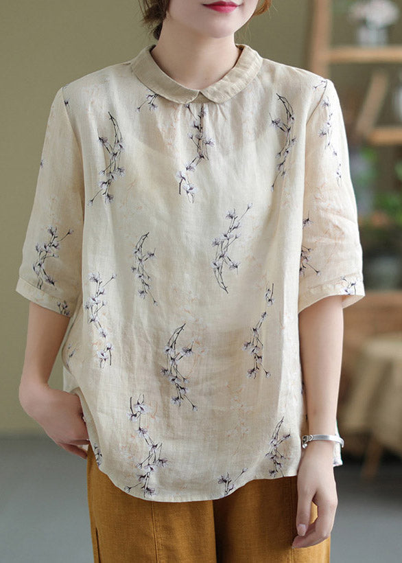 Brief Peter Pan Collar Print Button Low High Design Linen Shirt Half Sleeve