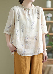 Brief Peter Pan Collar Print Button Low High Design Linen Shirt Half Sleeve