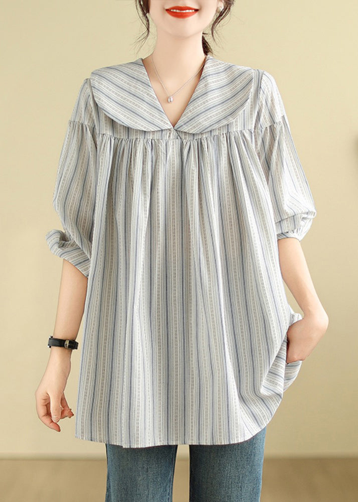 Brief Peter Pan Collar Striped Patchwork Top Long Sleeve