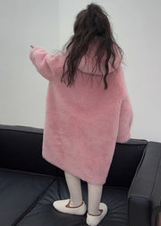 Brief Pink Button Faux Fur Kids Hooded Maxi Coat Winter