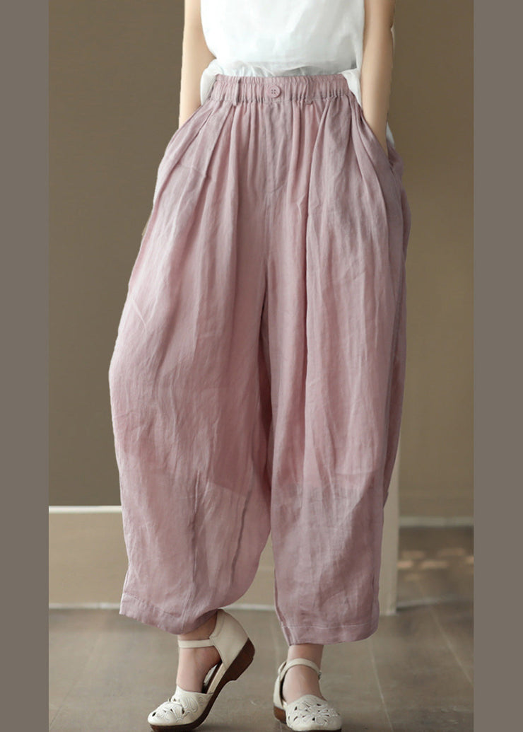 Brief Pink Elastic Waist Wide Solid Ramie Leg Pants Summer