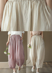 Brief Pink Elastic Waist Wide Solid Ramie Leg Pants Summer