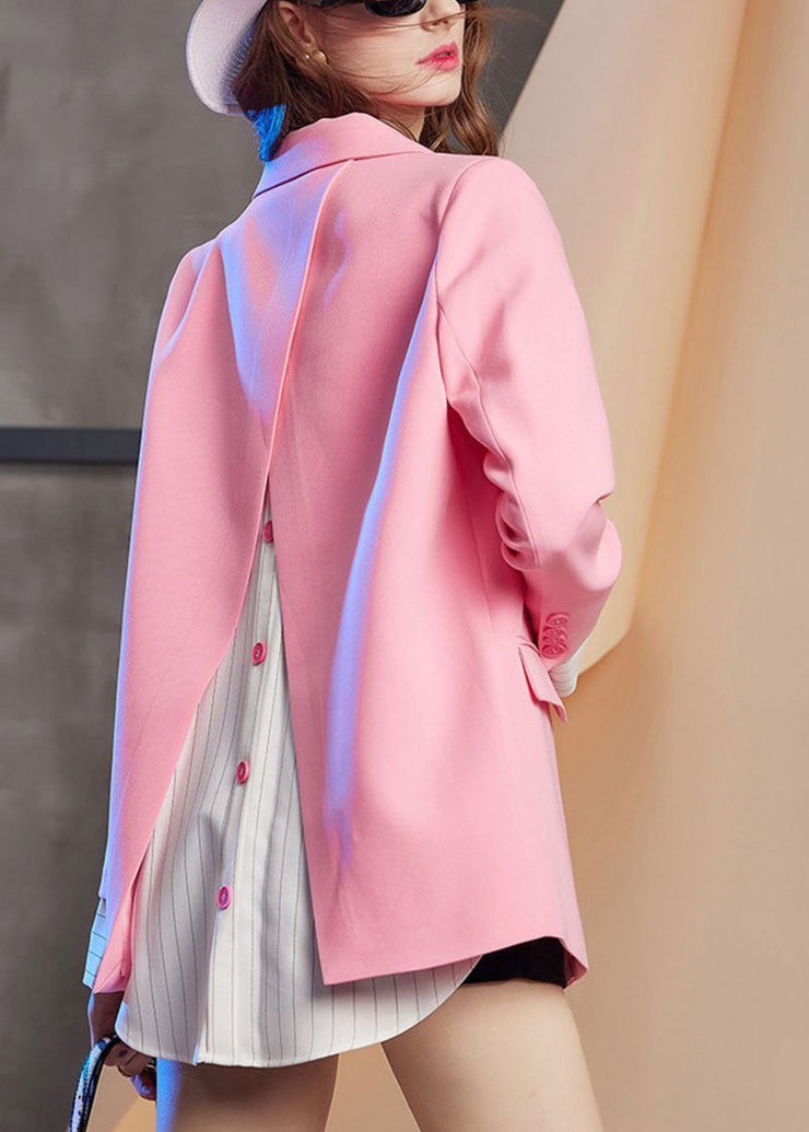 Brief Pink Notched Patchwork Button Fake Two Pieces Coats Long Sleeve