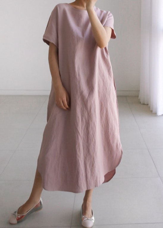 Brief Pink O Neck Patchwork Loose Cotton Long Dress Summer