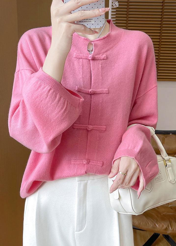 Brief Pink Patchwork Button Cashmere Knit Cardigans Long Sleeve