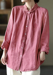 Brief Pink Peter Pan Collar Lace Patchwork Linen Shirt Long Sleeve