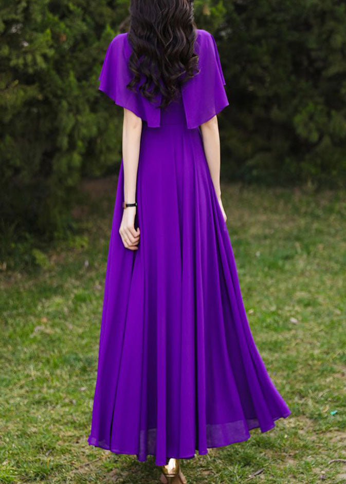 Brief Purple O-Neck Patchwork Tie Waist Chiffon Holiday Maxi Dresses Short Sleeve