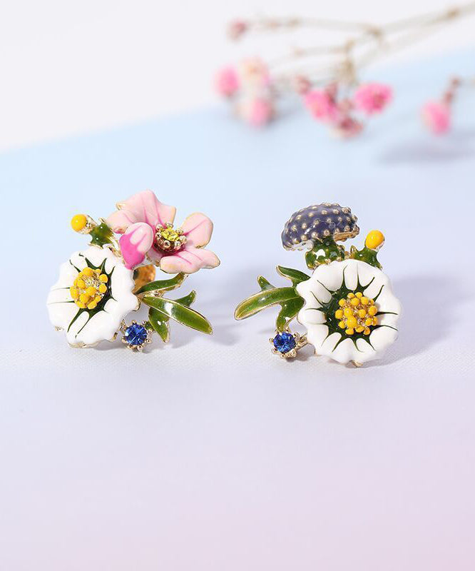 Brief Rainbow Sterling Silver Asymmetrical Enamel Floral Stud Earrings