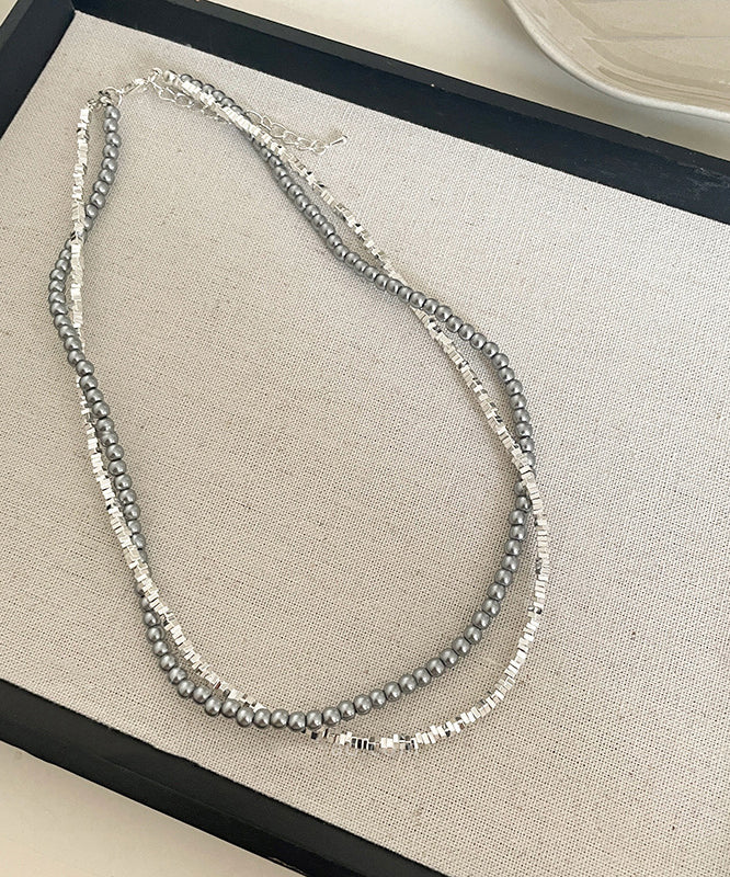 Brief Sterling Silver Double Layer Broken Silver Gratuated Bead Necklace