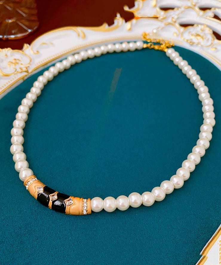 Brief White Alloy Pearl Zircon Drip Graduated Bead Necklace