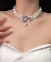 Brief White Alloy Zircon Double Layer Pearl Pendant Necklace