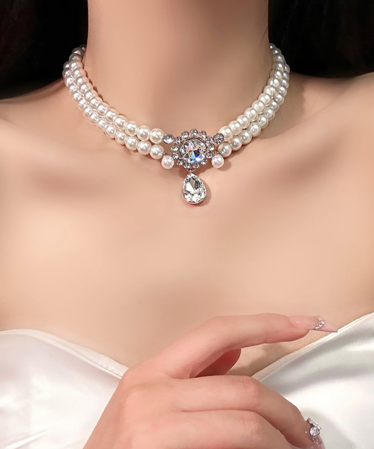 Brief White Alloy Zircon Double Layer Pearl Pendant Necklace