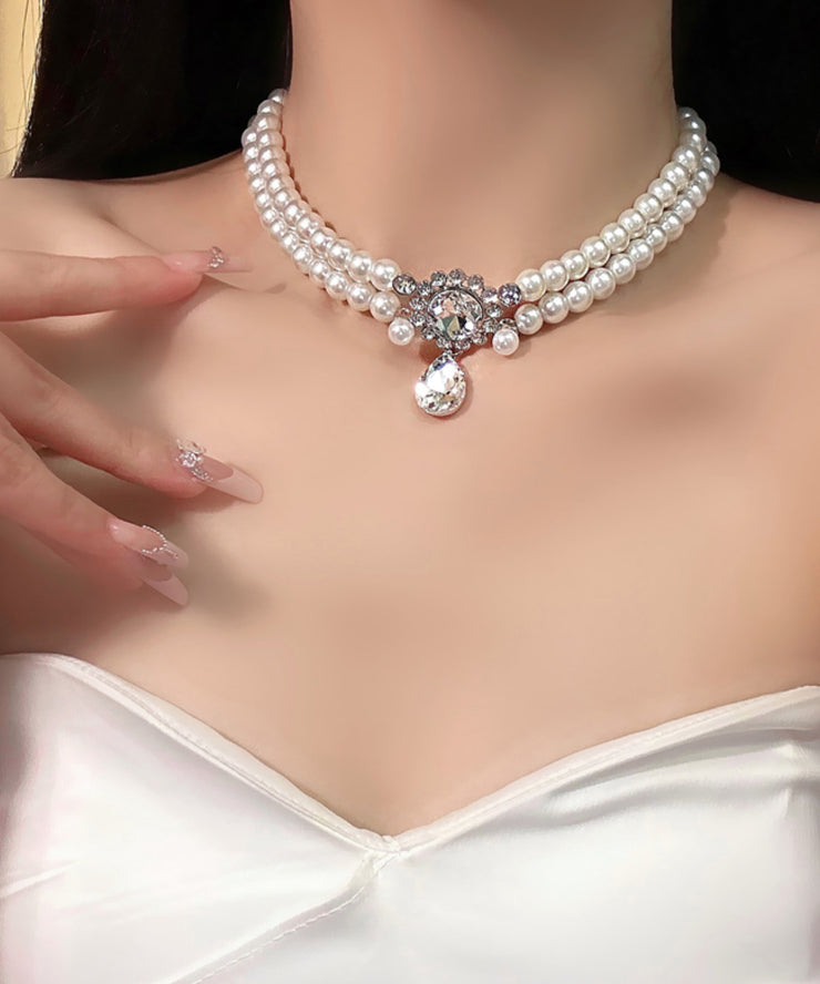 Brief White Alloy Zircon Double Layer Pearl Pendant Necklace