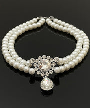 Brief White Alloy Zircon Double Layer Pearl Pendant Necklace