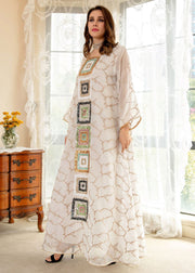 Brief White O-Neck Embroideried Floral Tulle Maxi Dress Long Sleeve