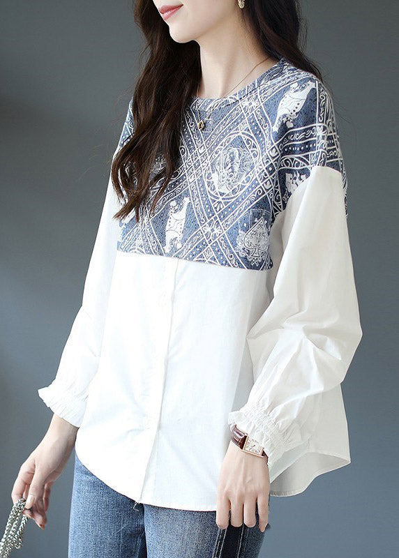 Brief White O-Neck Print Patchwork Button Shirt Long Sleeve