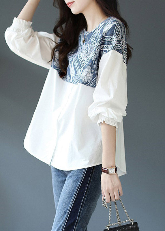 Brief White O-Neck Print Patchwork Button Shirt Long Sleeve