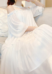 Brief White O-Neck Ruffled Wrinkled Silk Long Dress Flare Sleeve