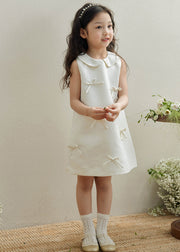 Brief White Peter Pan Collar Bow Kids Long Dresses Sleeveless