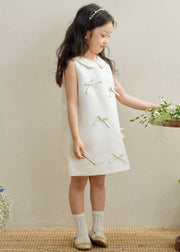 Brief White Peter Pan Collar Bow Kids Long Dresses Sleeveless