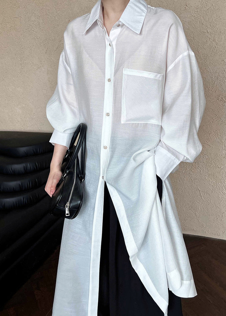 Brief White Peter Pan Collar Patchwork Silk Cotton Long Shirt Dresses Long Sleeve