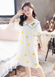 Brief White Peter Pan Collar Print Cozy Cotton Girls Maxi Dresses Short Sleeve