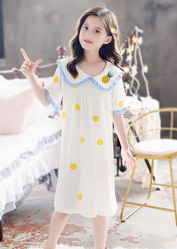 Brief White Peter Pan Collar Print Cozy Cotton Girls Maxi Dresses Short Sleeve