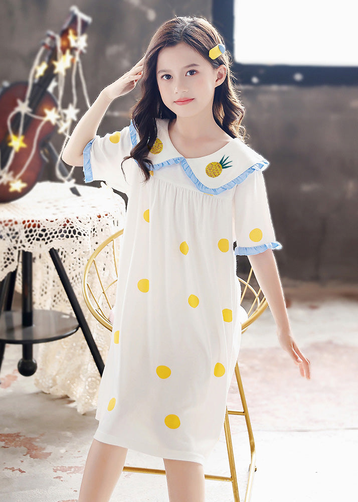 Brief White Peter Pan Collar Print Cozy Cotton Girls Maxi Dresses Short Sleeve