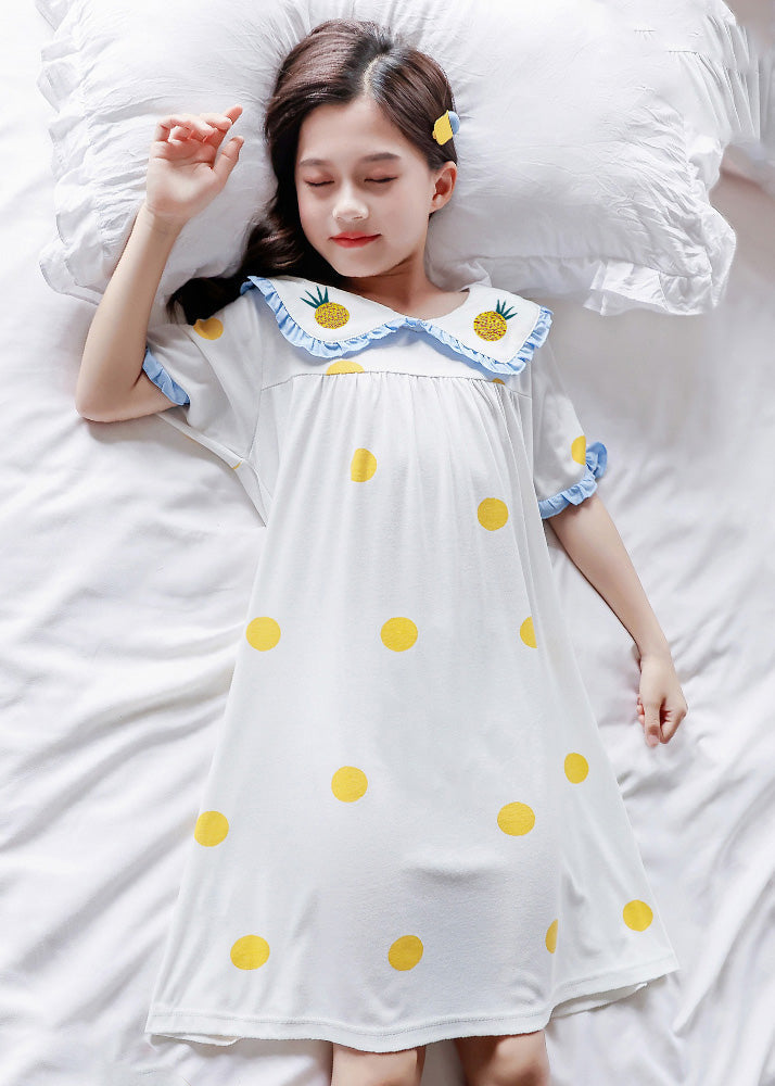 Brief White Peter Pan Collar Print Cozy Cotton Girls Maxi Dresses Short Sleeve