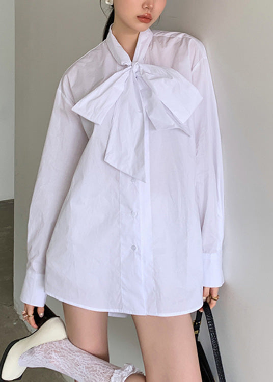 Brief White Stand Collar Bow Button Solid Shirt Spring