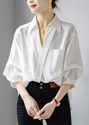 Brief White V Neck Pockets Shirt Lantern Sleeve