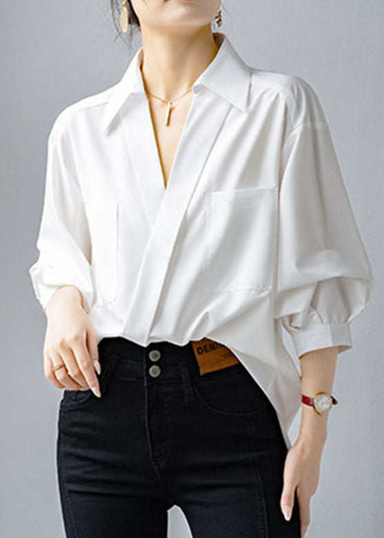 Brief White V Neck Pockets Shirt Lantern Sleeve