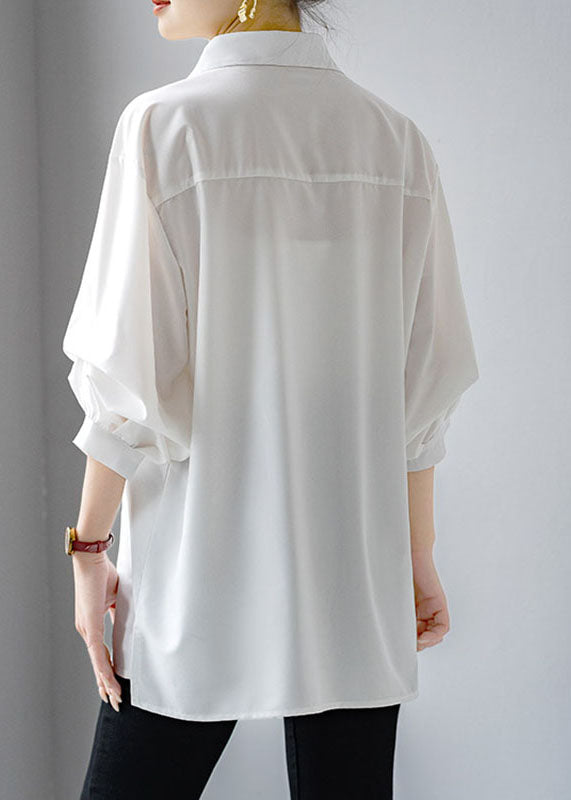 Brief White V Neck Pockets Shirt Lantern Sleeve