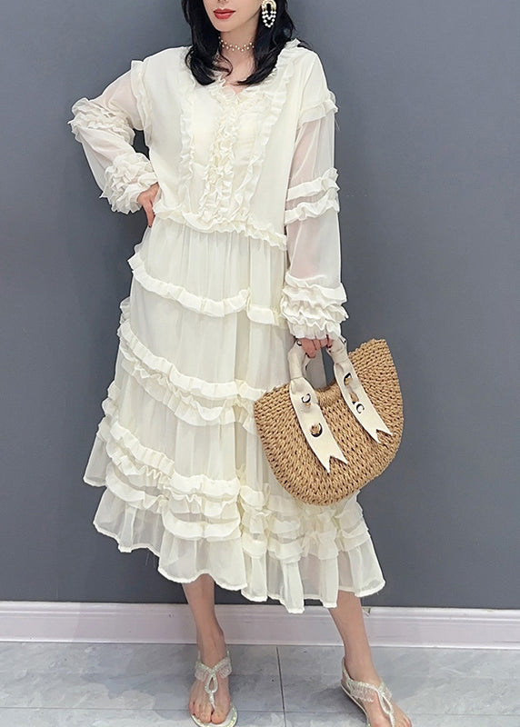 Brief White V Neck Ruffled Solid Chiffon Long Dress Spring