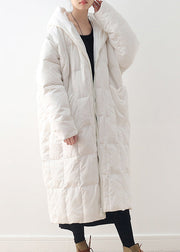 Brief White Zippered Pockets Hooded Down Coat Long Sleeve