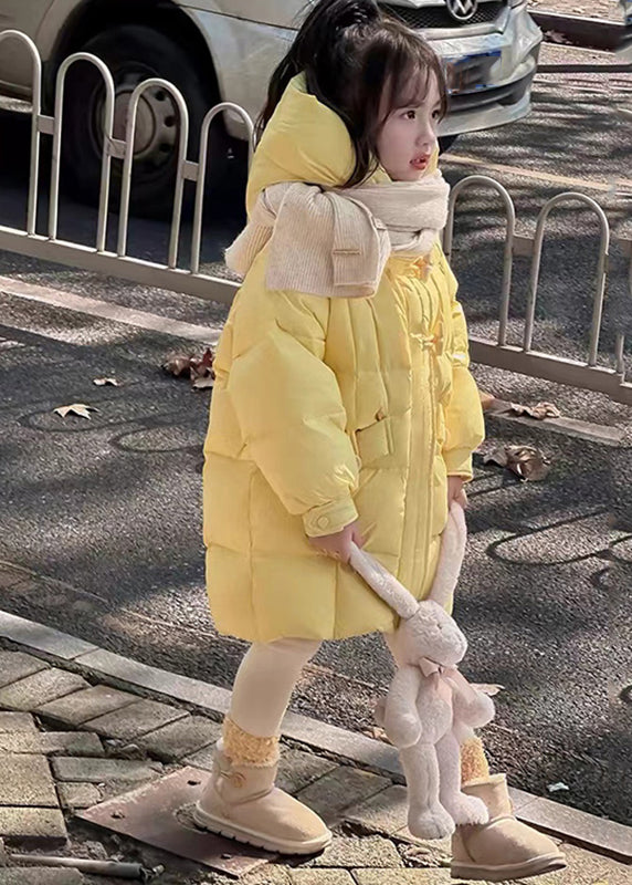 Brief Yellow Patchwork Button Kids Hooded Parkas Winter