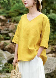 Brief Yellow V Neck Tops Half Sleeve