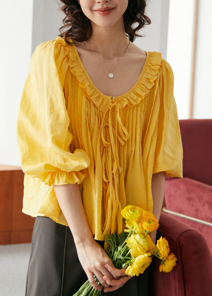 Brief Yellow Wrinkled Ramie Top Long Sleeve