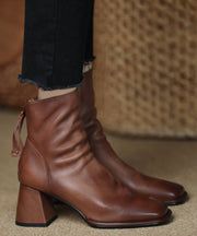 Brown Boots Chunky Cowhide Leather Women Splicing Zippered