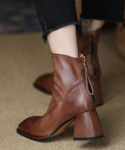 Brown Boots Chunky Cowhide Leather Women Splicing Zippered