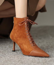 Brown Boots Stiletto Suede Unique Splicing Cross Strap Pointed Toe