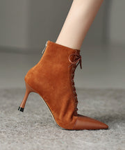 Brown Boots Stiletto Suede Unique Splicing Cross Strap Pointed Toe