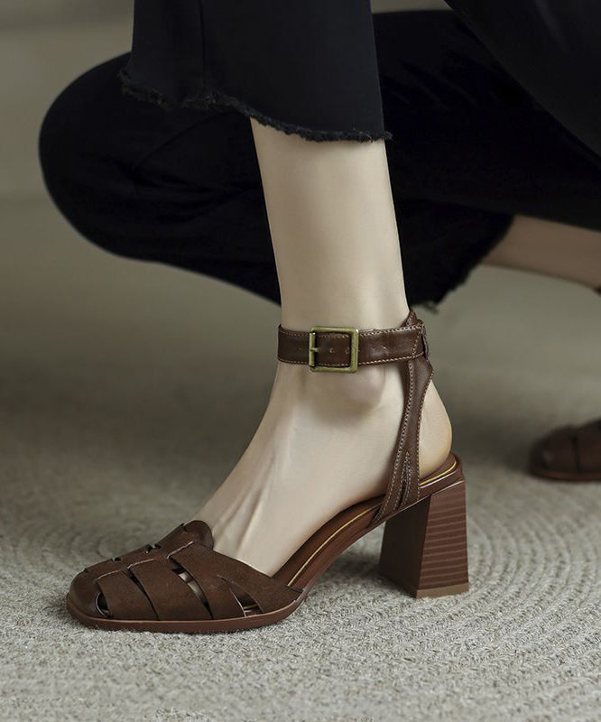 Brown Braid High Heel Sandals Cowhide Leather Soft Buckle Strap Chunky Heel