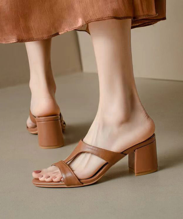 Brown Chunky Heel Cowhide Leather 2024 Hollow Out Slide Sandals