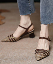 Brown Cotton Fabric Splicing Chunky High Heels Pointed Toe Buckle Strap