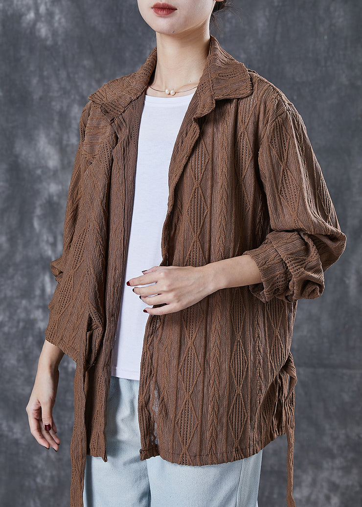 Brown Cotton Shirt Top Asymmetrical Lace Up Spring