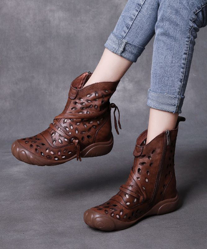 Brown Cowhide Leather Boots Hollow Out Lace Up Splicing